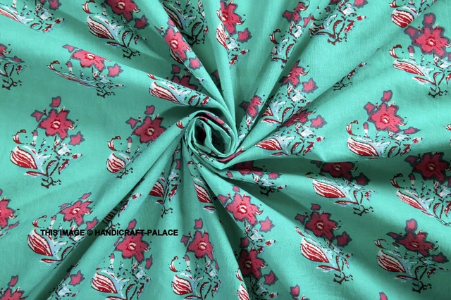 Indien Main Bloc Tissu Imprimé Coton Turquoise Rose Floral Par Yard Artisanat