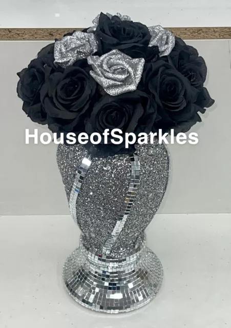 Crushed Diamond Stunning Silver  Vase With Black And Silver Glitter Roses, Gift✨