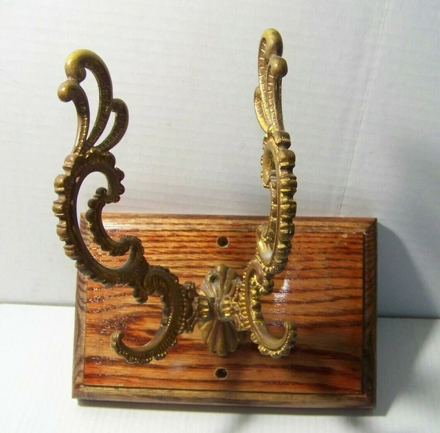Ornate Victorian Coat Hat Rack 2 Prong Bronze/Brass Guilded on oak mount