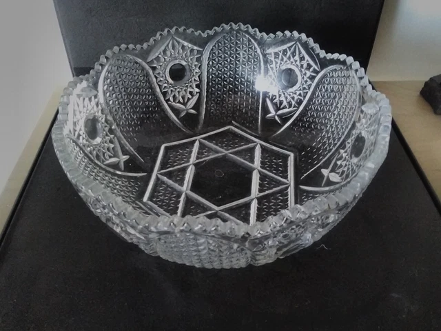 American Brilliant Cut Glass Bowl 8" Diameter Hobnail Pattern Sawtooth Edge