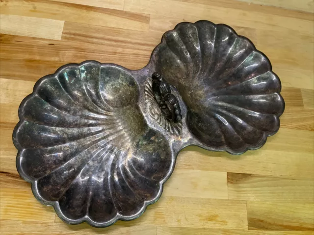 Double Clam Shell Silver Plated Serving Tray with Center Handle Patina