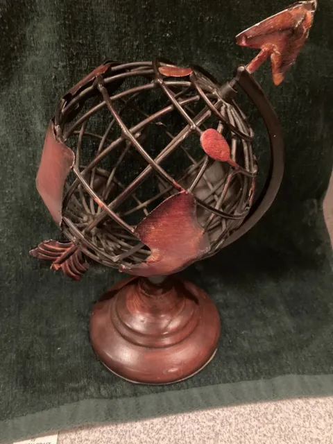 Vintage World Explorer Rustic Metal Globe with Compass Rose Arrow on Wooden Base