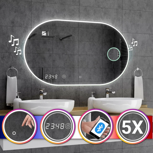 Miroir De Salle De Bain LED Intelligent Alasta – Horloge, Bluetooth, Interrupteur, Design Moderne Argenté
