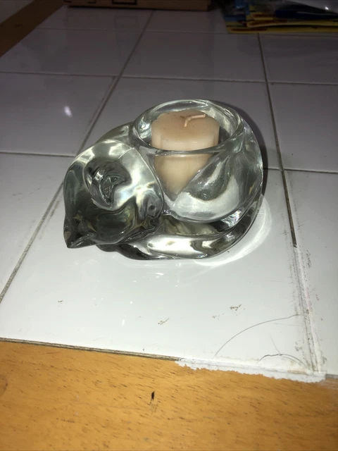 Glass Sleeping Cat Votive Candle Holder Paperweight