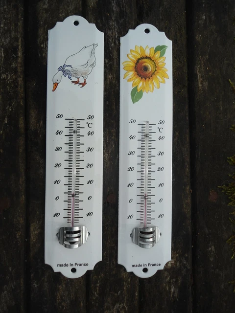 Thermomètre émail plaque émaillée sur bois et bois décoré