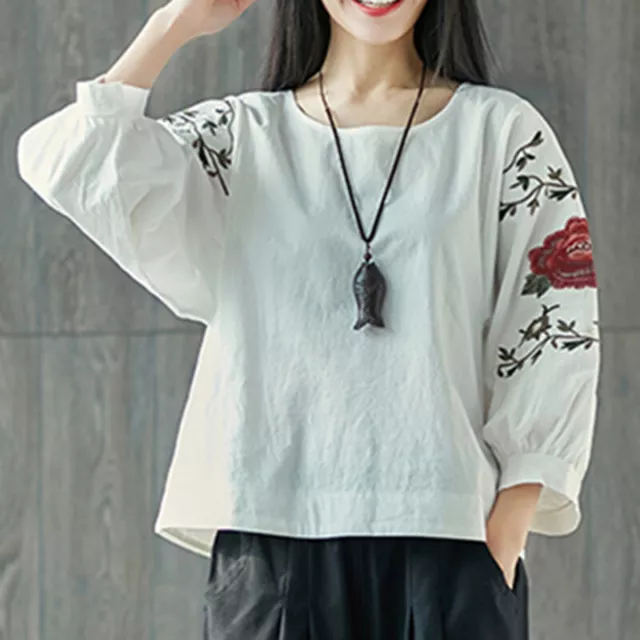Femme Pull Chemise T-Shirt Broderie Floral en Vrac Décontracté Chinois Vintage 2