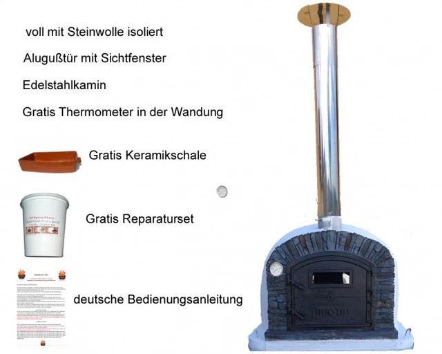 Holzbackofen, Pizzaofen, Venturablack AL100 inkl. Kaminrohr und Regenhut *ventur