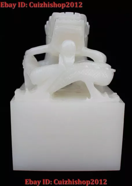 5" Chinese Dynasty Natural White Jade Carving Dragon Seal Stamp Signet statue