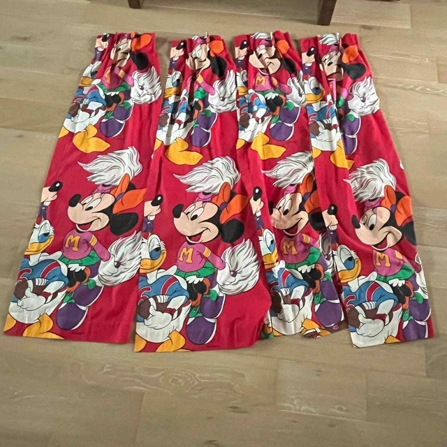 Vintage Disney Mickey Minnie Mouse Daffy Duck Pinch Pleats Curtain 4 Panels Red
