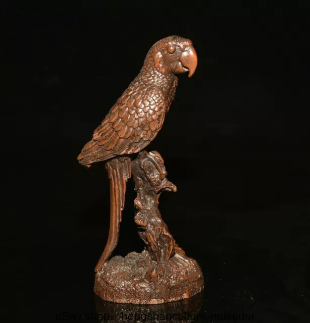 3.4 " Old Chinese Boxwood wood Carving Fengshui parrot Bird Lucky Statue