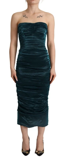 Dolce & Gabbana Turquoise Bustier Bodice Draped Midi Women's Dress