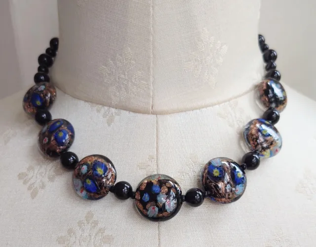 Vintage Murano Dark Blue Millefiori Aventurine Beads Necklace
