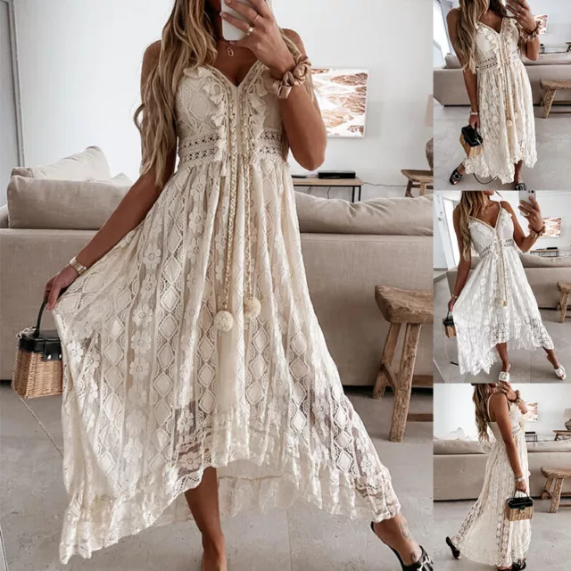 Womens Ladies Boho Lace V Neck Long Maxi Dress Summer Holiday Beach Sundress