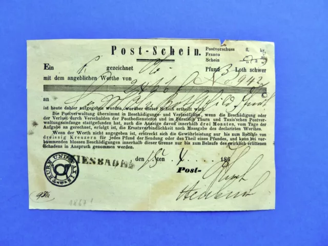 T&T-POSTSCHEIN 1867?, Stpl. WIESBADEN