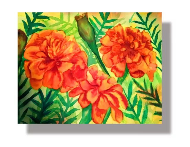 Marigold Flower Art Print on Canvas by Kathy Wendt 8"x10" - Ready To Be Framed