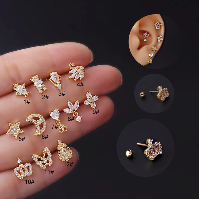 Orecchino Borchie Luna Farfalla Croce Corona Corona Acciaio Inox per Donna Cartil'DB