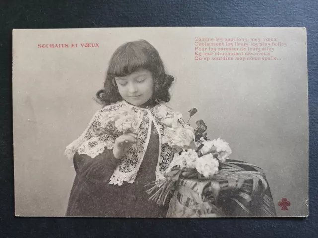 Carte Postale Ancienne de 1904 JEUNE FILLE SOUHAITS et VOEUX Fleurs papillon