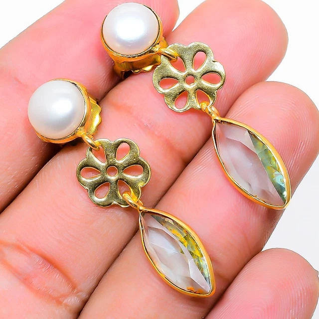 Aqua Apatite, Pearl Gemstone 925 Sterling Silver Jewelry Earring 1.38" P391