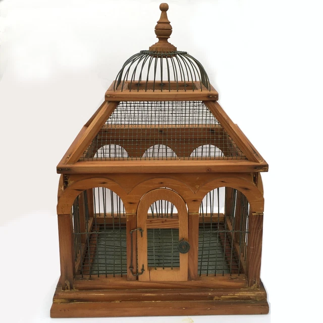 Rare VTG Victorian Style Wood Bird Cage Green Wire Dome Top Arched Windows works
