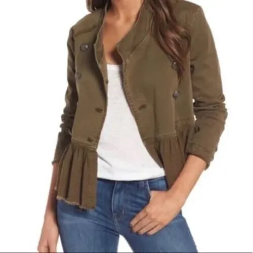FREE PEOPLE ARMY Green Ruffled Military Utility Jacket Metal Buttons ...