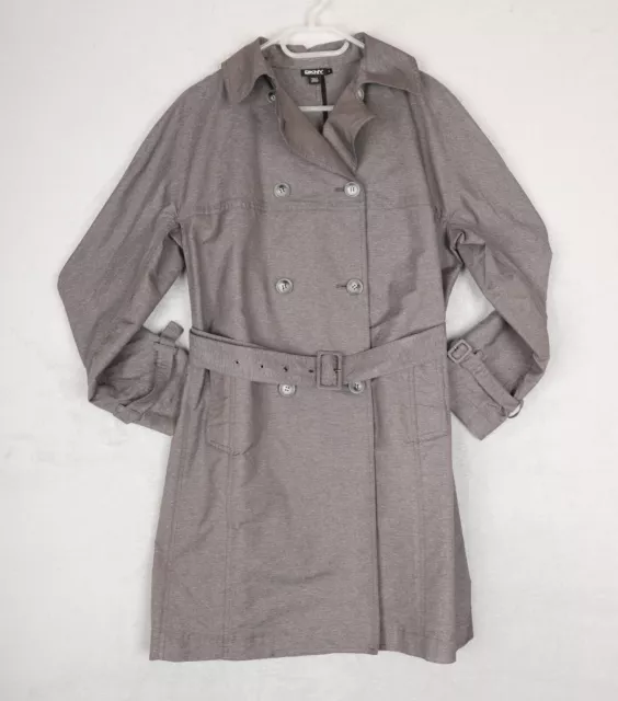 DKNY Trench Coat Womens SMALL Grey Unlined Long Jacket MAC Belt Smart Button Up