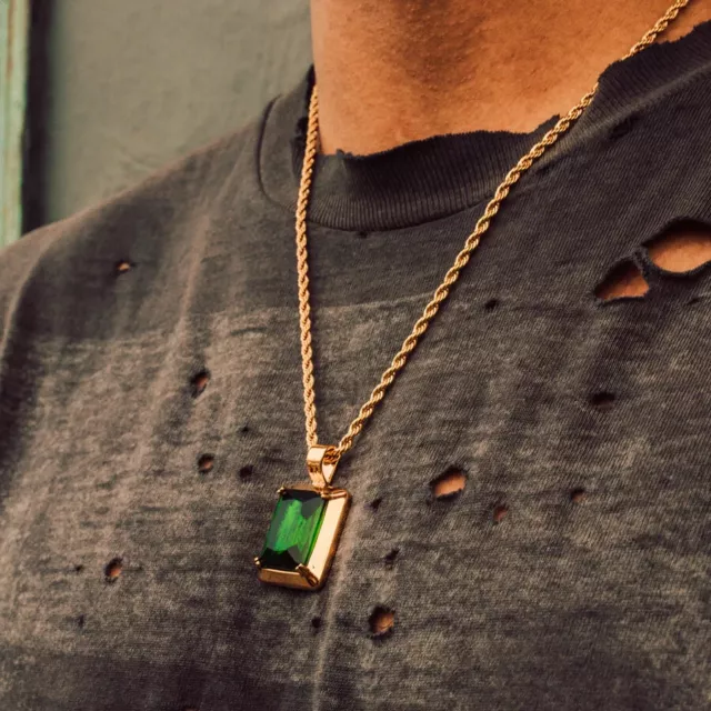 Emerald Square Pendant Necklace 14K Yellow Gold Over with 24" Chain For Men's