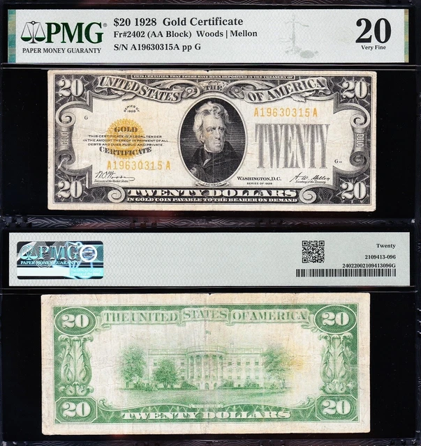 VERY NICE Bold & Crisp VF 1928 $20 GOLD CERTIFICATE! PMG 20! FREE SHIP! 30315A