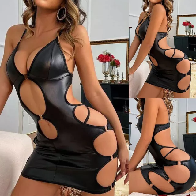 Damen Sexy Dessous aus PU Leder mit Hohl Bodysuit Club Party Nachtwäsche Kleid