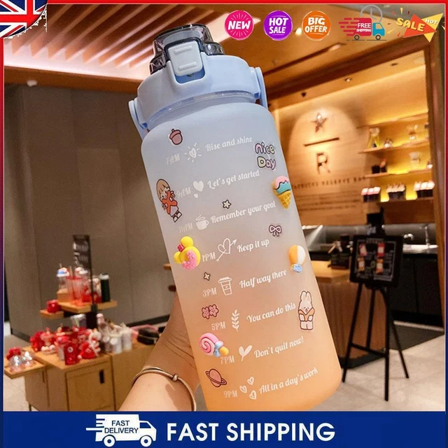 C- 2L Water Bottle Straw Cup Sport Time Scale Jug w/ Stickers (Gradient Blue)