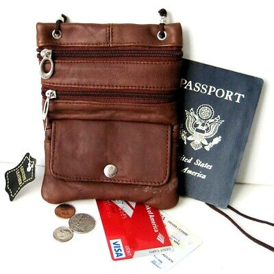 Brown Real Leather ID Holder Neck Strap Zip Pouch Travel Lanyard Passport