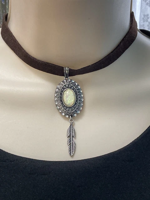 Charming Charlie brown suede southwestern feather Moonstone necklace choker 10” 2