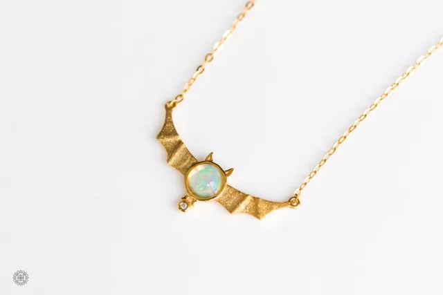 Adorable Bat Design Natural Australian Opal & Diamond Necklace 18K Yellow Gold 3