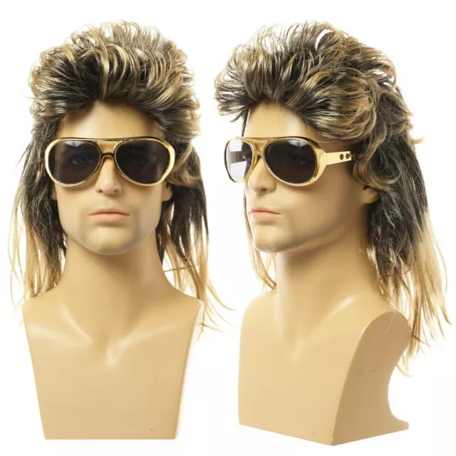 Mens 70s 80s Mullet Golden Blond Brown Wig Rock Punk Dress Up Retro Hippie Party