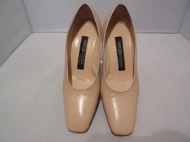 Classy SERGIO ROSSI Beige Leather Chunky Heels Pumps Size 5