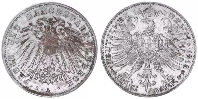 Lübeck Zwitter-Probe 3 Mark Jahr 1915 / Adler von Sachsen-Weimar !! ss-vz  74386
