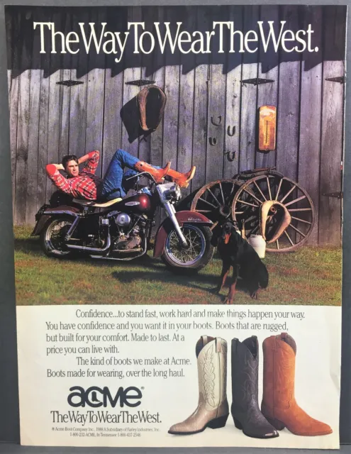 ACME BOOTS 1989 Print AD Harley Davidson Motorcycle Dachshund Labrador Dog