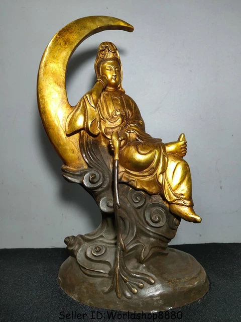 14" Old Chinese Copper Gilt Seat Free Kwan-Yin Guan Yin Boddhisattva Moon Statue