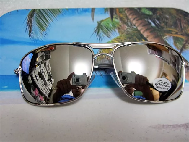 Large Big Silver Chrome White Metal Aviator Mirror Mens Glasses Sunglasses  215 L