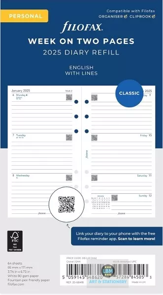 Filofax 2025 Personal Diary - Week On Two Pages with Lines Classic Refill 68418