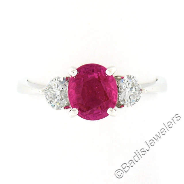 Vintage 18K White Gold GIA NO HEAT Pink Sapphire & Heart Diamond Accents Ring