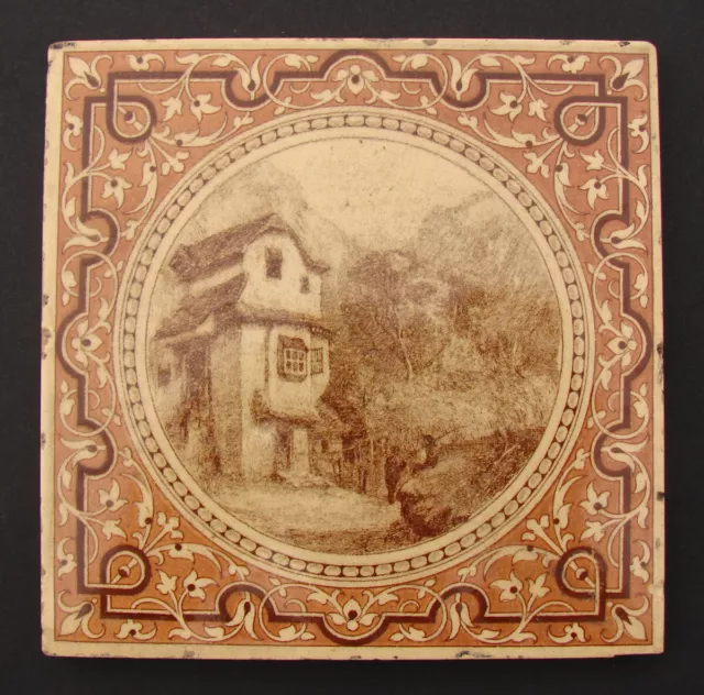 Antique Minton China Works 6" Ceramic Tile, Figural Countryside House Scene