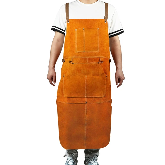 Welding Apron Cowhide Leather Welder Workwear Heat Resistant Clothing W/ Pockets