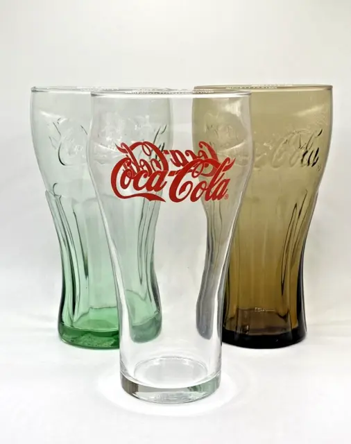 3 Vintage Coca Cola Drinking Glasses Collection Barware, Red Letters Green Brown