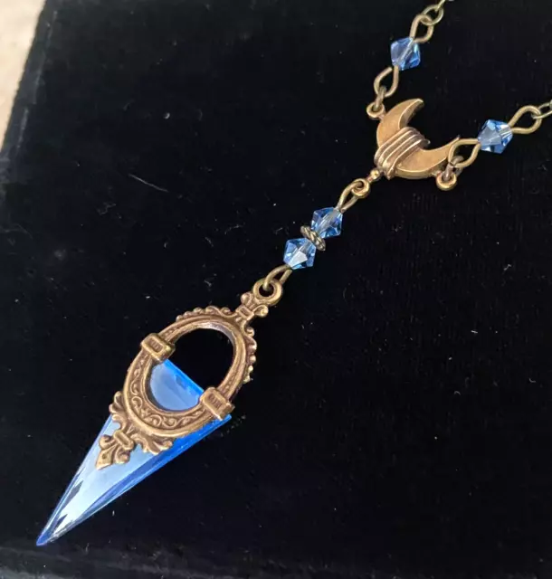 Vintage Necklace Art Deco Lavalier Pendant Sapphire Blue Antique Czech Glass