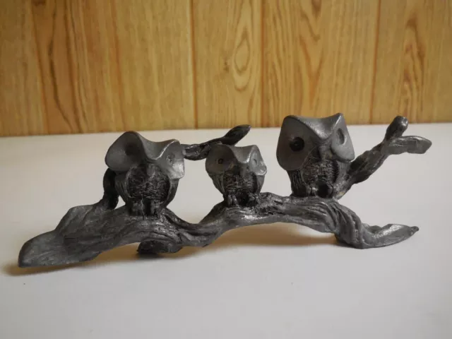 Y1 Pewter Owl Figurine 3 Owls On A Tree Branch Birds Animals Figures Rare 6x3”