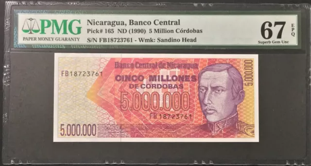 1990 Nicaragua 5 Million Córdobas - PMG Graded Superb Gem UNC 67 EPQ #36421