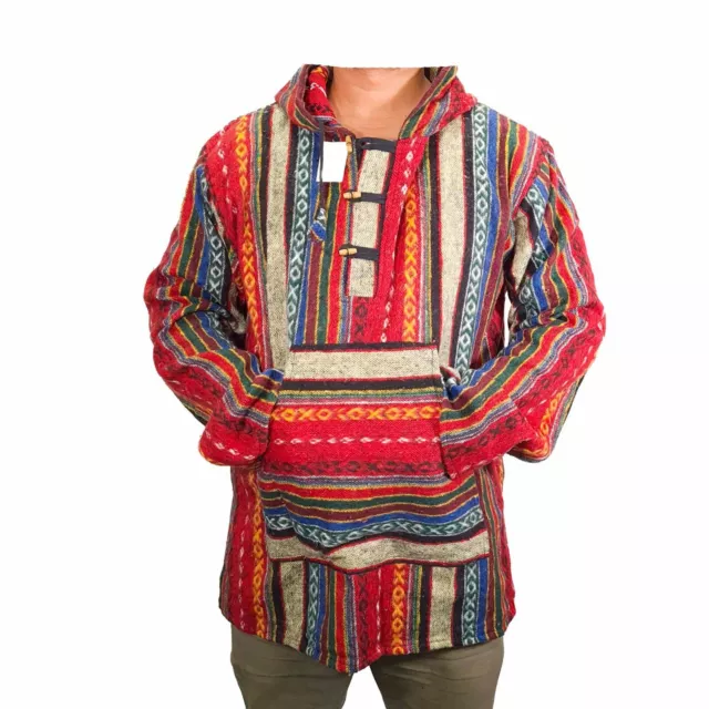 Mens Red Baja Nepal Hoodie Tibet Mexican Winter Warm Jacket Hippie Pullover