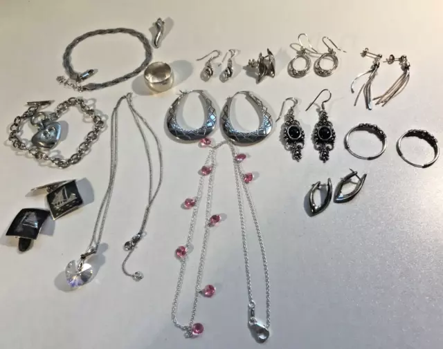 Job Lot Sterling 925 Silver Jewellery Bracelets Necklace Earrings Ring 65 Grams