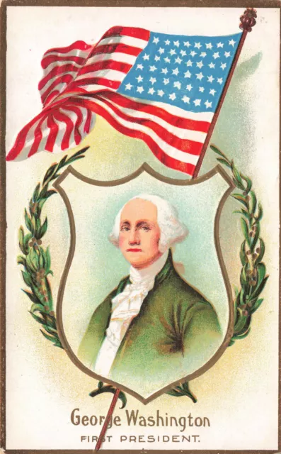 Vintage Washington Birthday Patriotic Postcard Portrait With Flag 021422