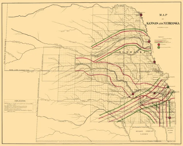Kansas Nebraska Railroads - 1865 - 23.00 x 28.80